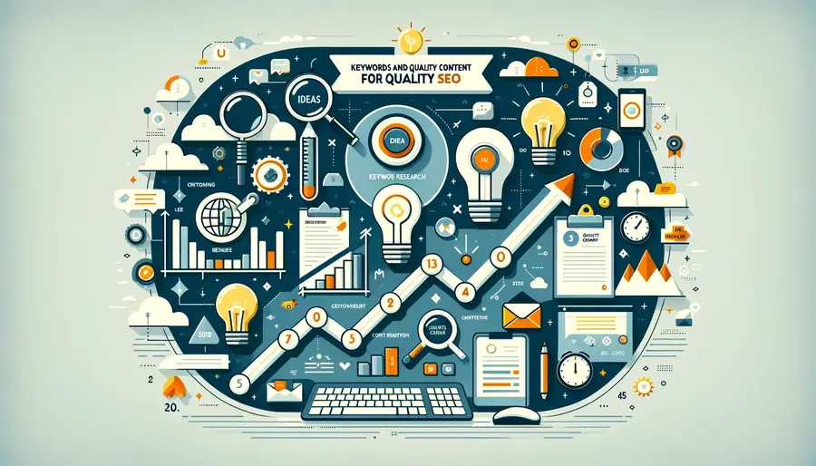 Infographie en orientation paysage illustrant l'importance des mots-clés et du contenu de qualité pour un référencement SEO efficace. Le design, cohérent avec les infographies précédentes sur le SEO, met en avant la recherche de mots-clés, la création de contenu, et leur synergie pour améliorer les performances SEO. Des icônes telles qu'une ampoule pour les idées, une loupe pour la recherche de mots-clés, un stylo et un clavier pour la création de contenu, ainsi qu'un graphique ascendant symbolisant le succès en SEO, sont intégrées pour visualiser ces concepts clés.