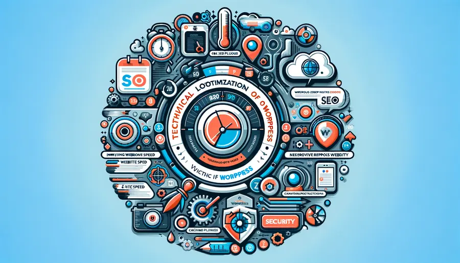 Infographie en mode paysage présentant les étapes clés de l'optimisation technique de WordPress pour améliorer le SEO. Elle inclut l'utilisation de plugins SEO tels que Yoast SEO ou All in One SEO, l'accélération du site avec des plugins de mise en cache comme WP Rocket, l'assurance d'une conception responsive grâce à des thèmes WordPress adaptatifs, et l'amélioration de la sécurité du site pour bénéficier en SEO. Le design suit le style visuel moderne et épuré des infographies précédentes, avec des icônes représentant un plugin, un speedomètre pour la vitesse du site, un appareil mobile pour la réactivité, et un bouclier pour la sécurité, offrant un guide visuel concis sur l'optimisation technique nécessaire pour un bon classement dans les moteurs de recherche.