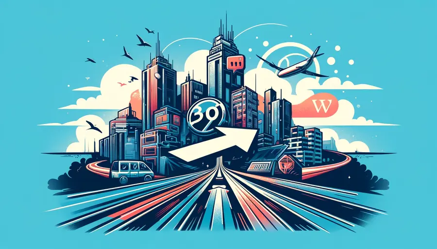 Illustration d'une flèche numérique traversant un paysage urbain stylisé, symbolisant le concept de redirection 301 dans WordPress, avec le logo WordPress et le chiffre 301 intégrés harmonieusement dans la scène.