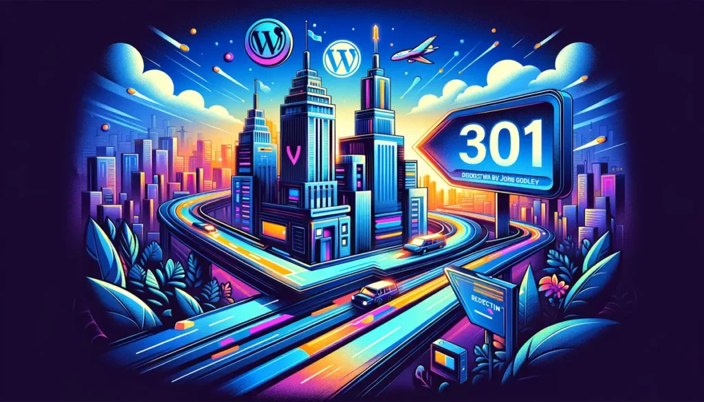 Une illustration dynamique et stylisée représentant le concept de "redirection 301 WordPress", où une flèche élégante navigue à travers un paysage urbain moderne, symbolisant le chemin d'une URL redirigée. Des éléments visuels liés à WordPress et au plugin REDIRECTION sont intégrés subtilement dans la scène, avec le nombre "301" affiché de manière proéminente, fusionnant l'urbanité avec la technologie numérique