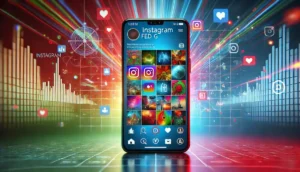 Image représentant un smartphone affichant une grille Instagram colorée et dynamique, avec des icônes de likes, commentaires et partages, illustrant le concept de 'Feed IG' pour un article de blog.