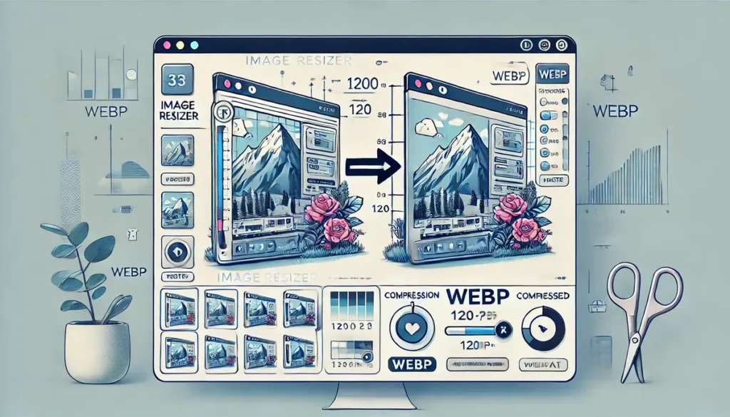 Illustration numérique montrant un écran d'ordinateur avec deux images côte à côte, l'une originale et l'autre compressée au format WebP. Une interface d'outil de redimensionnement d'image est visible, avec des curseurs indiquant les niveaux de compression, et des étiquettes précisant le format WebP. L'image met en avant le processus de compression pour une utilisation web.