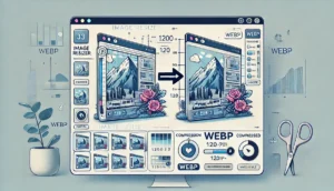 Illustration numérique montrant un écran d'ordinateur avec deux images côte à côte, l'une originale et l'autre compressée au format WebP. Une interface d'outil de redimensionnement d'image est visible, avec des curseurs indiquant les niveaux de compression, et des étiquettes précisant le format WebP. L'image met en avant le processus de compression pour une utilisation web.