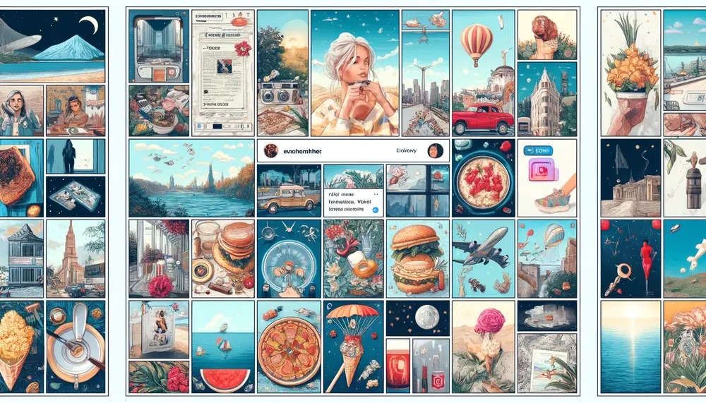 Illustration numérique horizontale d'un feed Instagram montrant une grille de publications organisées par thèmes, comprenant des images de voyage, de nourriture, et de mode. Chaque publication est visuellement représentative de son thème, avec des éléments et couleurs correspondants, dans un format de grille étendu