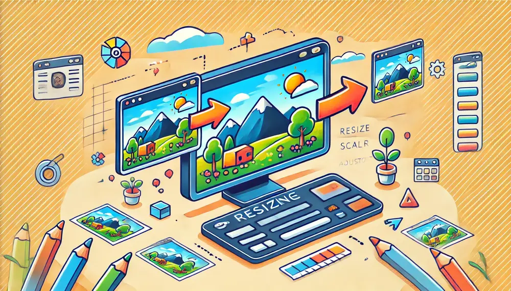 Une image éducative en mode paysage illustrant le concept de redimensionnement d'une image. Au centre, un écran d'ordinateur montre un logiciel d'édition d'image ouvert. Sur l'écran, deux versions de la même image sont visibles : une grande et une petite, symbolisant le processus de redimensionnement. Des flèches relient les deux versions pour indiquer le changement de taille, et un curseur de redimensionnement est visible sur le côté. L'image utilise des couleurs vives pour rendre le concept clair et attrayant.