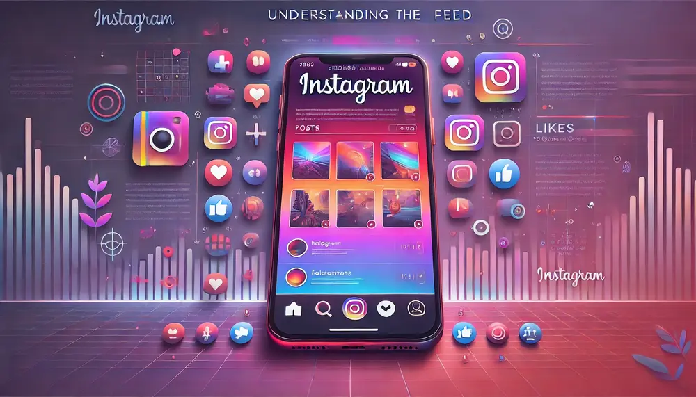 Illustration numérique horizontale utilisant les couleurs d'Instagram (dégradé de violet, rose et orange), montrant un écran de smartphone en mode paysage affichant un feed Instagram. Autour de l'écran, on trouve des icônes de médias sociaux comme les cœurs, les commentaires, les hashtags, et les abonnés, le tout dans la palette de couleurs d'Instagram. L'arrière-plan est moderne, avec des motifs subtils et des graphiques représentant l'aspect visuel et social de la plateforme.