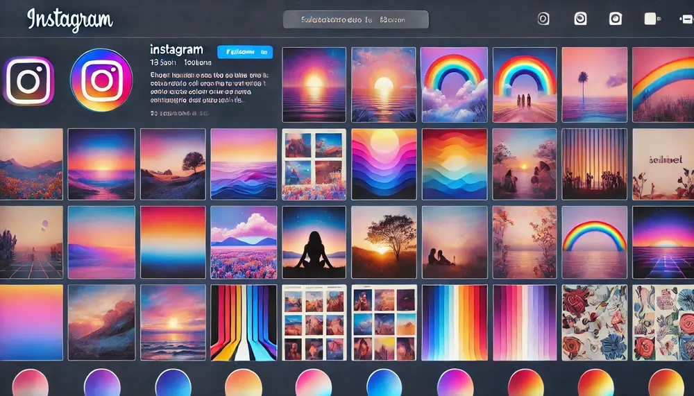 Illustration numérique horizontale d'un feed Instagram avec un thème de dégradé de couleurs, où les publications sont organisées pour créer une transition de couleurs allant du bleu au violet, puis au rose, à l'orange et au jaune. Les éléments de l'interface Instagram sont subtilement intégrés, mettant en valeur l'effet de dégradé vibrant et harmonieux.