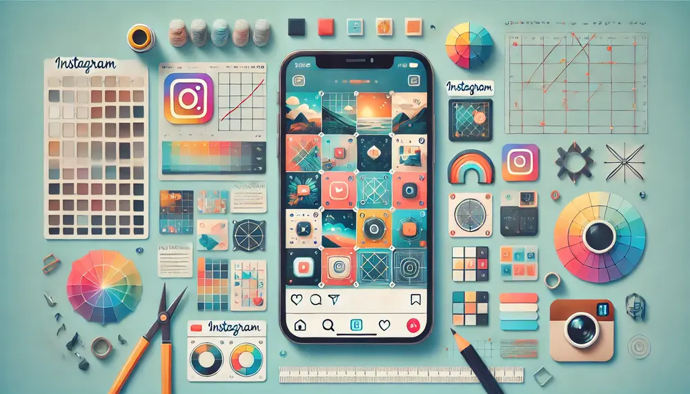 Illustration numérique horizontale représentant un feed Instagram stylisé sur un écran de smartphone, avec une grille de publications visuellement cohérentes et équilibrées en termes de couleur, de thème et de composition. Autour du smartphone, des outils de design et des icônes symbolisent la planification et la créativité, comme des palettes de couleurs, des grilles et des outils d'édition.