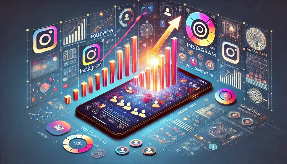 Illustration numérique horizontale représentant un feed Instagram vibrant sur l'écran d'un smartphone, avec une croissance du nombre d'abonnés symbolisée par des flèches ascendantes, des graphiques et des comptes d'abonnés en augmentation. Le feed est visuellement attrayant et cohérent, illustrant l'effet d'un feed bien organisé sur l'attraction et la rétention des abonnés. Autour du smartphone, des éléments tels que des métriques d'engagement, des graphiques de croissance, et des symboles de communauté mettent en avant l'impact positif d'un feed engageant sur la croissance des abonnés.