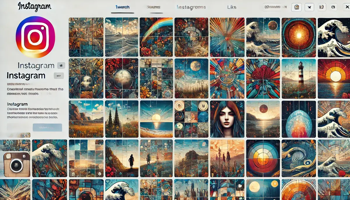 Illustration numérique horizontale d'un feed Instagram en style mosaïque, affichant une grille de publications organisées de manière à former une image plus grande et cohérente. Chaque publication contribue au thème visuel global, avec un mélange de paysages, portraits, et designs abstraits.