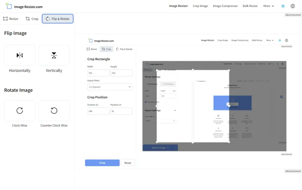 Capture d'écran de l'interface de recadrage et de rotation du site web Image Resizer. À gauche, le panneau "Flip & Rotate" offre des options pour retourner l'image horizontalement ou verticalement, ainsi que pour la faire pivoter dans le sens horaire ou antihoraire. Le panneau de recadrage est également visible, avec des champs pour ajuster les dimensions et la position du recadrage. Au centre de l'écran, un rectangle de recadrage est superposé sur l'image en cours de modification, montrant la zone sélectionnée pour le recadrage