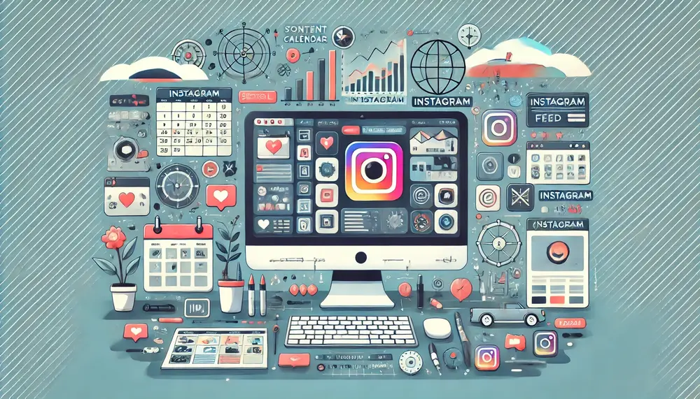 Illustration numérique horizontale représentant divers outils numériques sur un écran d'ordinateur ou de smartphone, axés sur la planification et l'organisation d'un feed Instagram. On y voit un calendrier de contenu, des outils de programmation, des éditeurs d'images, et des tableaux de bord analytiques. Autour de l'écran principal, des icônes représentent des applications populaires utilisées pour la gestion des réseaux sociaux.