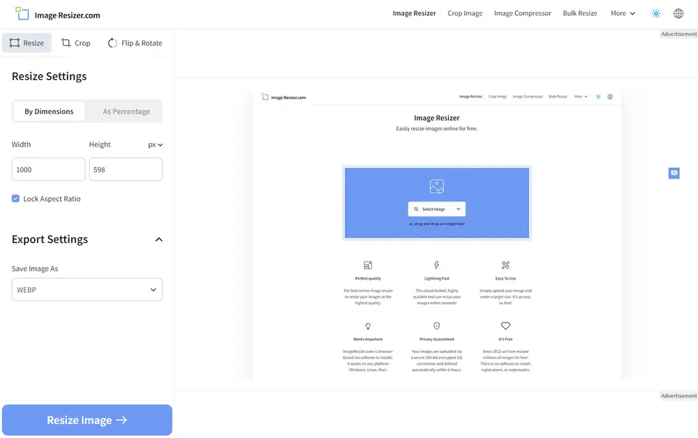 Capture d'écran de l'interface de redimensionnement d'image du site web Image Resizer. À gauche, le panneau "Resize Settings" permet de régler les dimensions de l'image avec des champs pour la largeur et la hauteur, une option pour verrouiller le ratio, et des paramètres d'exportation où l'utilisateur peut choisir de sauvegarder l'image au format WebP. À droite, un aperçu de l'image à redimensionner est visible avec les mêmes options que dans l'image précédente. Le bouton "Resize Image" est en bas à gauche, prêt à être cliqué