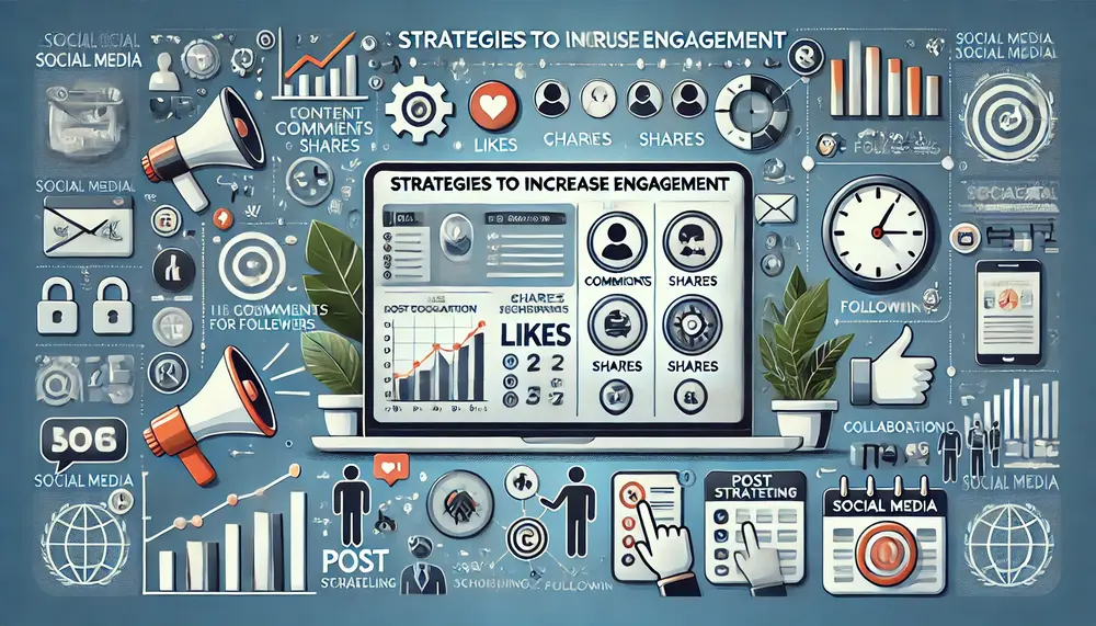 Illustration numérique horizontale représentant une interface de médias sociaux sur un écran d'ordinateur ou de smartphone, mettant en évidence des métriques comme les likes, les commentaires, les partages, et les abonnés. L'image inclut des éléments stratégiques tels qu'un calendrier de contenu, la planification des publications, et l'interaction avec les abonnés. Des icônes symbolisant différentes stratégies, comme un mégaphone pour la portée, une poignée de main pour la collaboration, et une horloge pour le timing optimal, entourent l'écran.