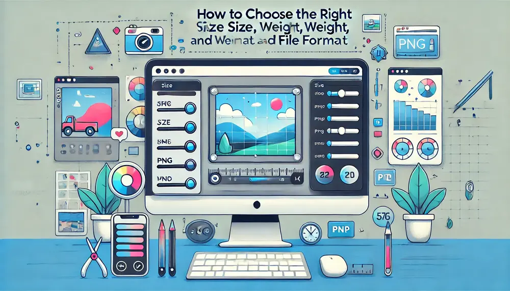 Illustration numérique en format paysage montrant un écran d'ordinateur avec un éditeur d'images affichant des options pour ajuster la taille, le poids et le format de fichier. Des curseurs permettent de modifier ces paramètres, tandis que des icônes représentent différents formats de fichiers comme JPEG, PNG et WebP. L'arrière-plan inclut des éléments tels que des outils de mesure et des graphiques, symbolisant la taille et le poids de l'image. Le design est propre, moderne et conçu pour aider à choisir la meilleure configuration d'image.