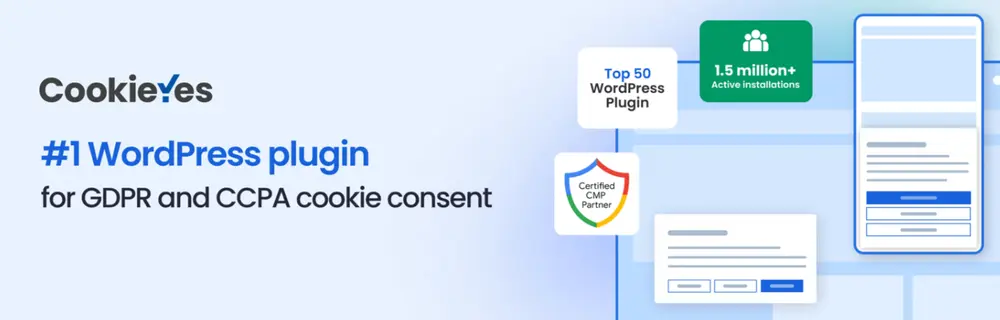 Image promotionnelle de CookieYes, le plugin WordPress numéro 1 pour la conformité aux cookies GDPR et CCPA, mettant en avant les installations actives, la certification CMP, et les fonctionnalités de consentement aux cookies.