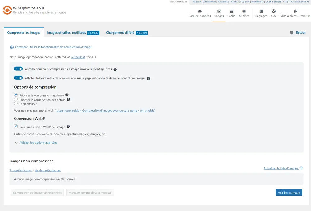 Tableau de bord de wp-optimize sur la compression des images