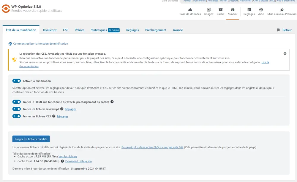 Tableau de bord de Wp Optimize sur le traitement de la minification