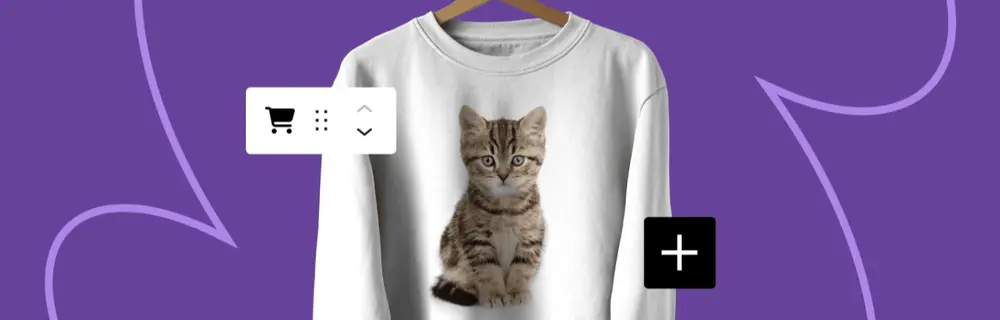 Image promotionnelle montrant un sweat-shirt blanc avec l'image d'un chaton imprimée dessus, illustrant une fonction d'ajout au panier dans un contexte de vente en ligne, avec un fond violet et des icônes de shopping.