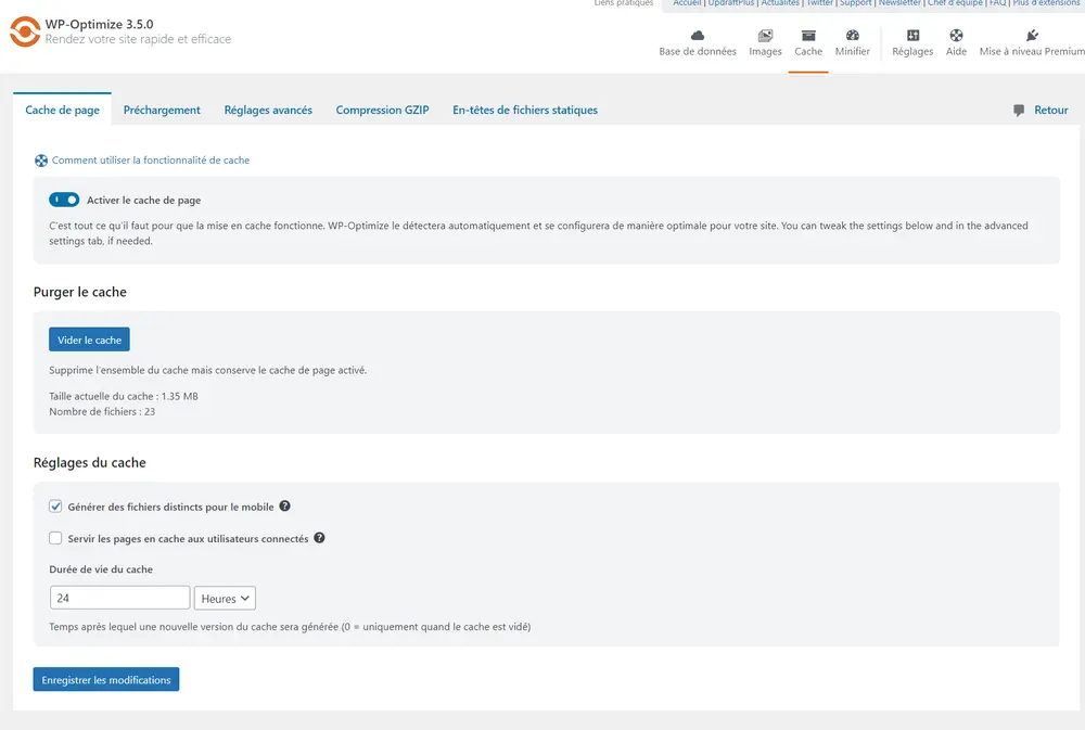 Tableau de bord de l'activation du cache sur Wp Optimize