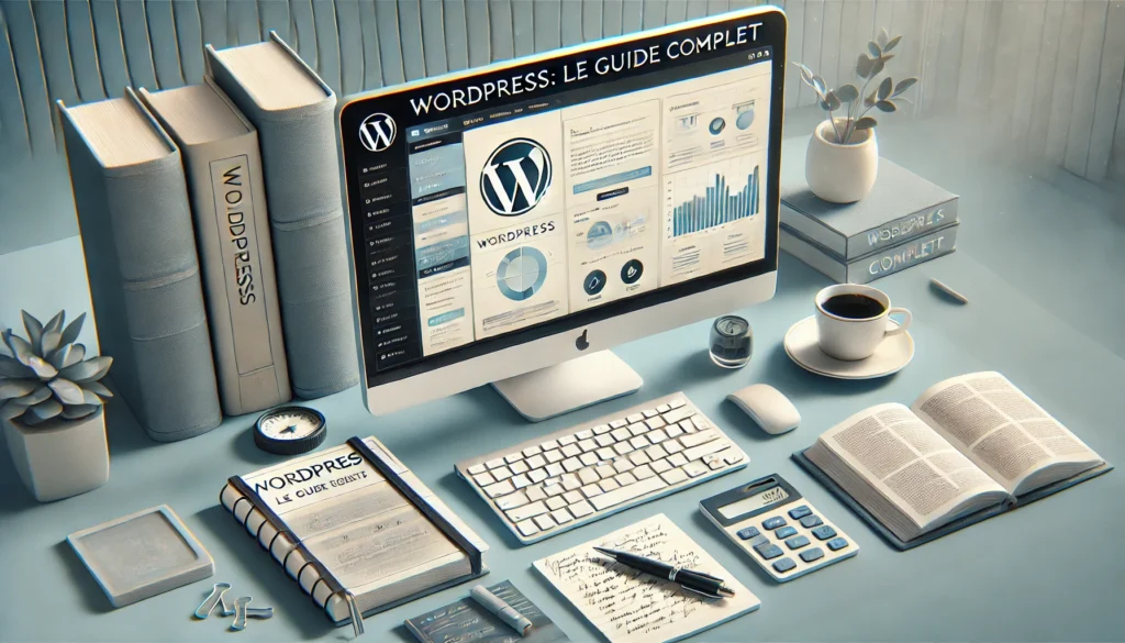 Une image professionnelle en format paysage représentant le thème 'WordPress : Le Guide complet'. Elle montre un écran d'ordinateur affichant le tableau de bord WordPress, un carnet avec des notes manuscrites et un stylo sur un bureau. En arrière-plan, des éléments subtils comme des livres ou une tasse de café suggèrent un guide complet. Le schéma de couleurs est moderne et épuré, avec des dominantes de bleu, blanc et gris.