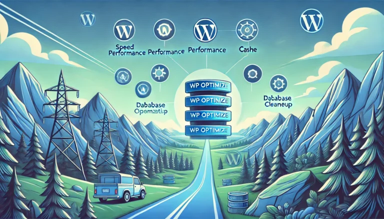 Illustration d'un paysage numérique représentant l'optimisation de site web avec le plugin WP Optimize. L'image montre une route traversant des montagnes menant à une pile de serveurs, symbolisant l'optimisation de cache, la performance et le nettoyage de base de données. Des icônes flottent dans le ciel, représentant les fonctionnalités principales du plugin, dans un style futuriste et apaisant aux teintes bleues et vertes.